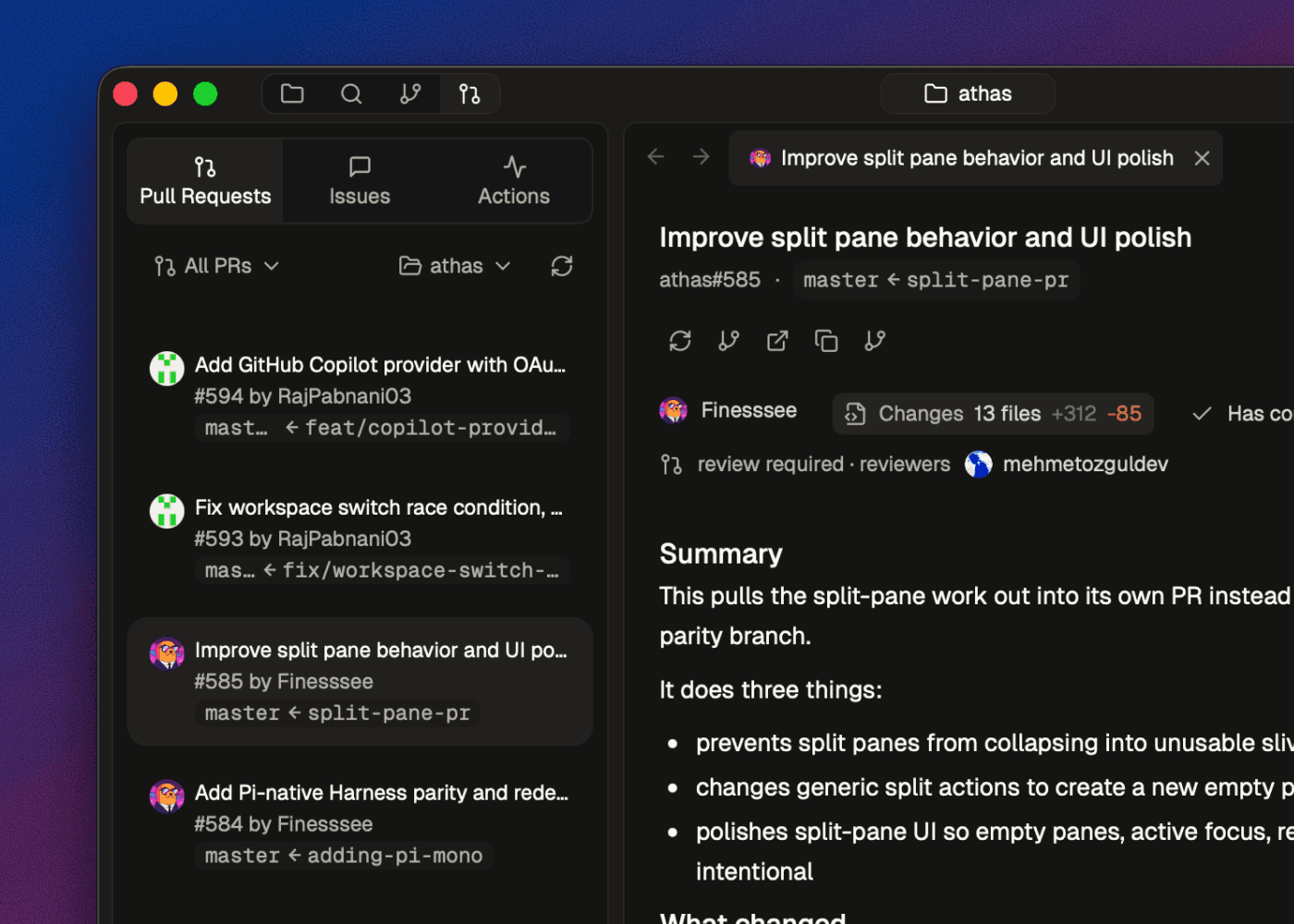 Athas pull requests view