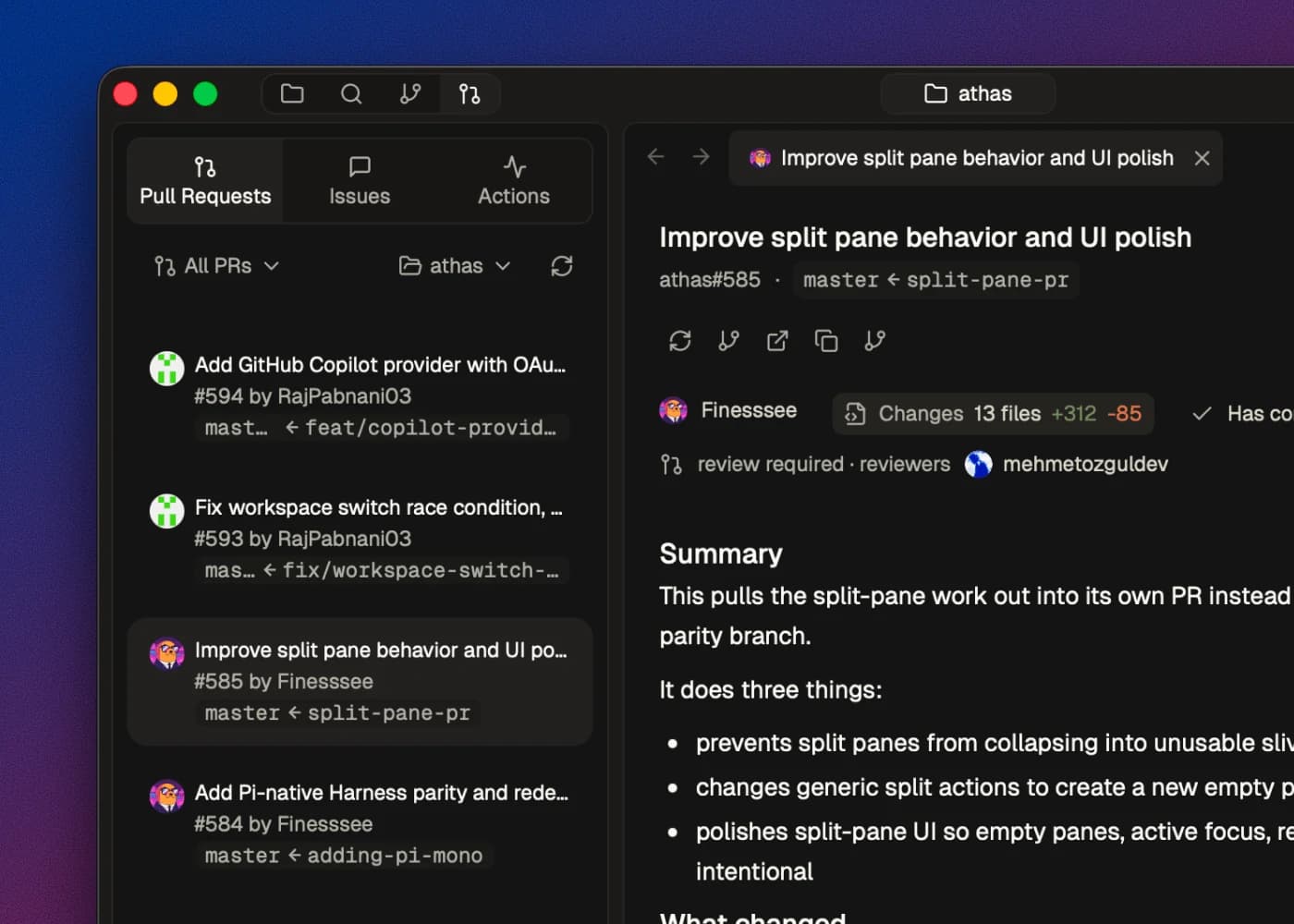 Athas pull requests view